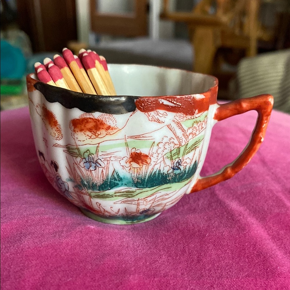 Hand-Painted Porcelain Teacup with Red and Green Accents with Matches and Strike
